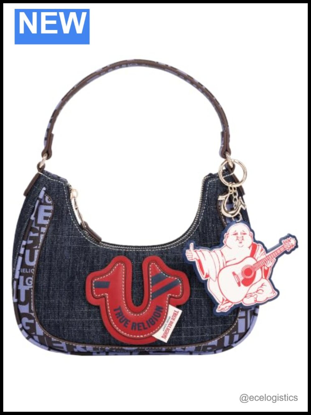 True Religion Hobo Bag Navy Shoulder Purse Women Denim Blend Gold Hardware